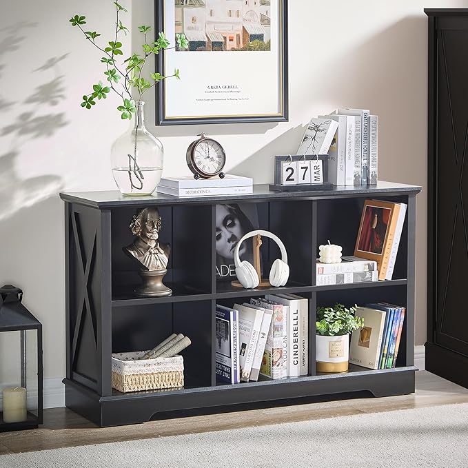 Book Shelf, 6 Cube Storage Organizer, 2-Tier Open Shelf Wooden Bookcase, Freestanding Wood Cube Storage Bookshelf for Bedroom, Living Room, Home Office (Black)
