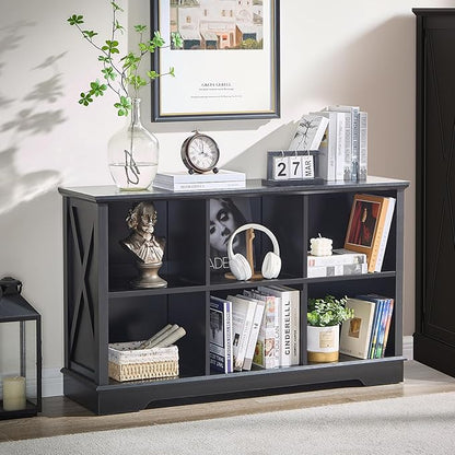 Book Shelf, 6 Cube Storage Organizer, 2-Tier Open Shelf Wooden Bookcase, Freestanding Wood Cube Storage Bookshelf for Bedroom, Living Room, Home Office (Black)