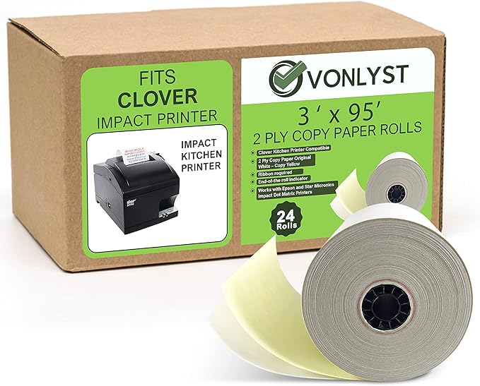 Two Ply Copy Carbonless Rolls 3x95 White/Canary for Clover Kitchen Printer Paper (24 rolls)