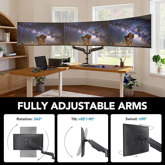 HUANUO Triple Monitor Mount for 17 to 32 inch Screens, Gas Springs Adjustment Triple Monitor Stand with Swivel, Tilt, Rotation, Clamp & Grommet Kit (Black)