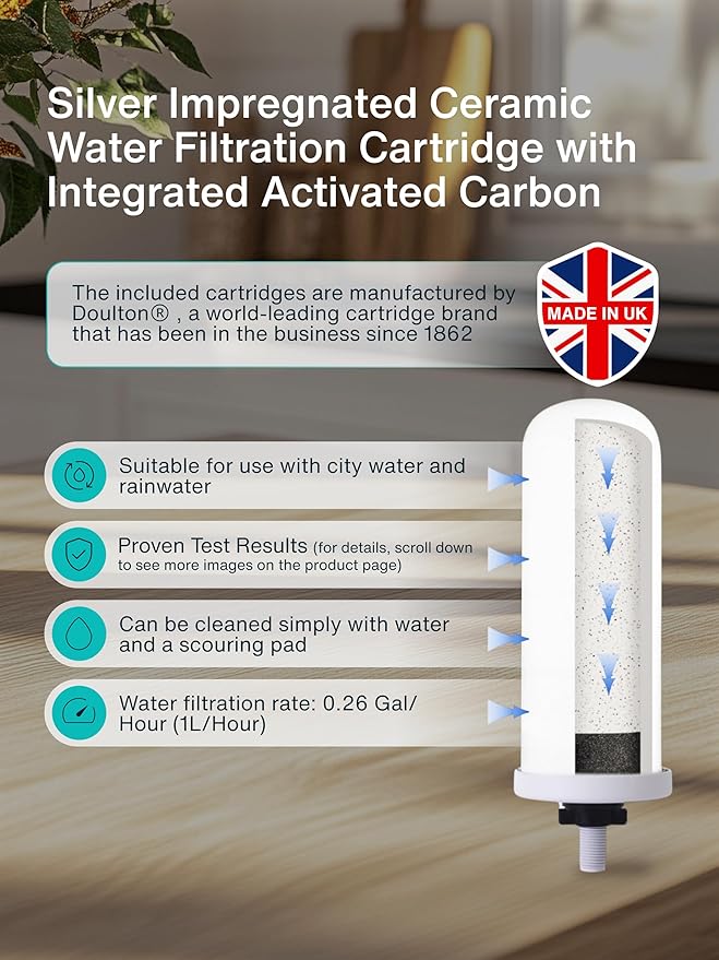 Countertop Gravity Water Filter System - 5.28 Gal/20L | 304 Stainless Steel | Gravity-Fed Water Purifier with 2 Fluoride & Chlorine Reduction Ceramic Cartridges | Also Removes Bacteria & Heavy Metals