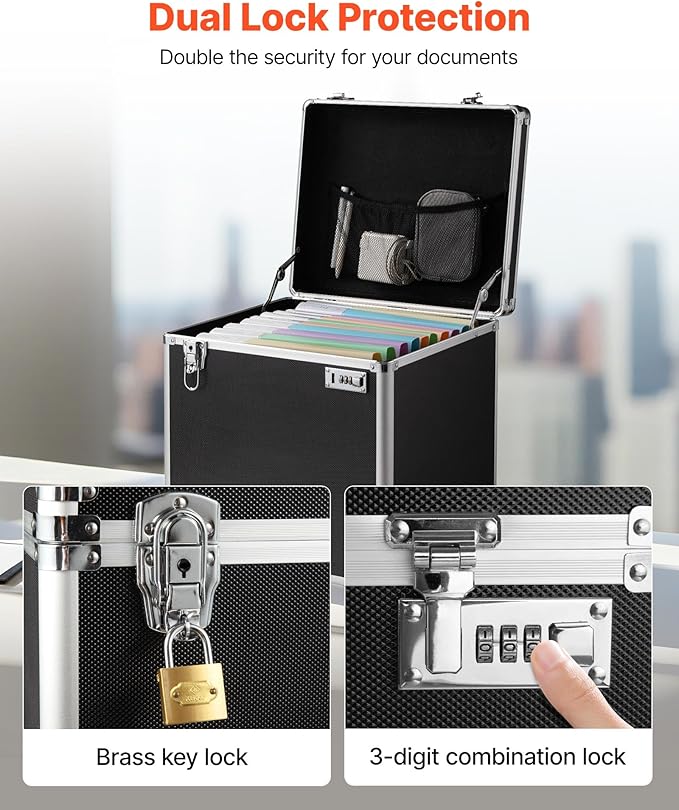 VEVOR Portable File Storage Box, 15.6 x 12.6 x 15 inch Internal Chest Size, Locking Mobile Business Case with Telescopic Handle, Hand pull File Case for Office Home, Offices, Hospitals, Banks