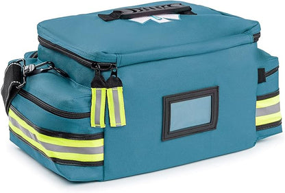 Scherber First Responder Fully-Stocked Professional Essentials EMT/EMS Trauma Kit | HSA/FSA Approved | Reflective Bag w/8 Zippered Pockets & Compartments & 200+ First Aid Supplies - Blue