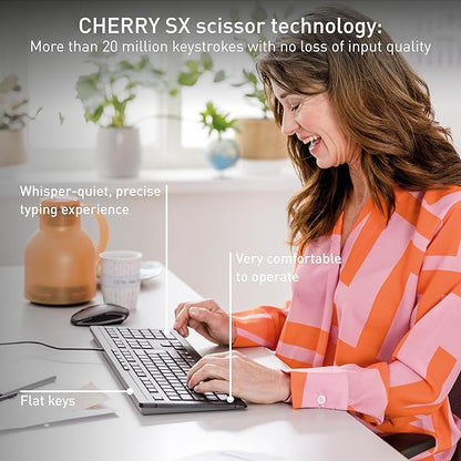 CHERRY Stream Keyboard Wired USB SX Scissors Mechanism QWERTY Whisper-Quiet Silent Keystroke for Home Office, Work or Personal Computer. Black
