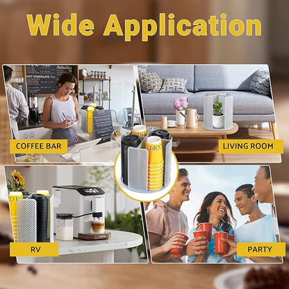 4-Compartment Rotating Paper Cup Holder & Coffee Cup Lid Storage Dispenser, Plastic Cup Dispenser Removable, Space-Saving Countertop Cup Holder for Coffee Bars, Kitchens (Grey)