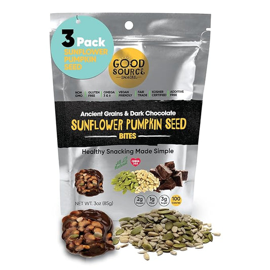 Good Source Snacks Dark Chocolate Bites & Ancient Grains, Sunflower Pumpkin Seed, 3 Pack, 3 oz, Vegan, Gluten Free, Non GMO, Kosher Protein Bites