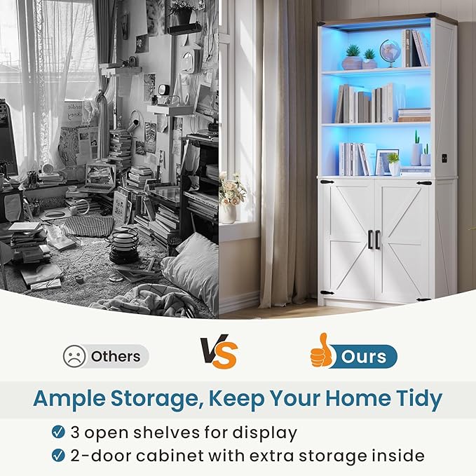 HWB Bookshelf and Bookcase with Doors, Farmhouse 5 Tier Book Shelves with Storage Cabinet, Floor Standing Bookcases with 3-Color Lights for Home Office, Living Room, Bedroom, White
