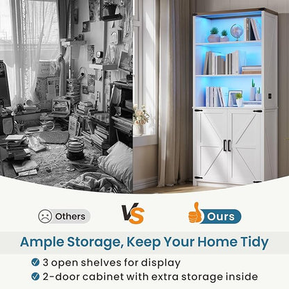 HWB Bookshelf and Bookcase with Doors, Farmhouse 5 Tier Book Shelves with Storage Cabinet, Floor Standing Bookcases with 3-Color Lights for Home Office, Living Room, Bedroom, White