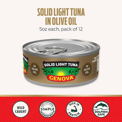 Genova Premium Solid Light Tuna in Olive Oil, 5 Ounce Cans, 12-Pack – Nutrient Rich, High Protein Canned Tuna Fish - Delicious, Easy, Nutritious Ready to Eat Meals