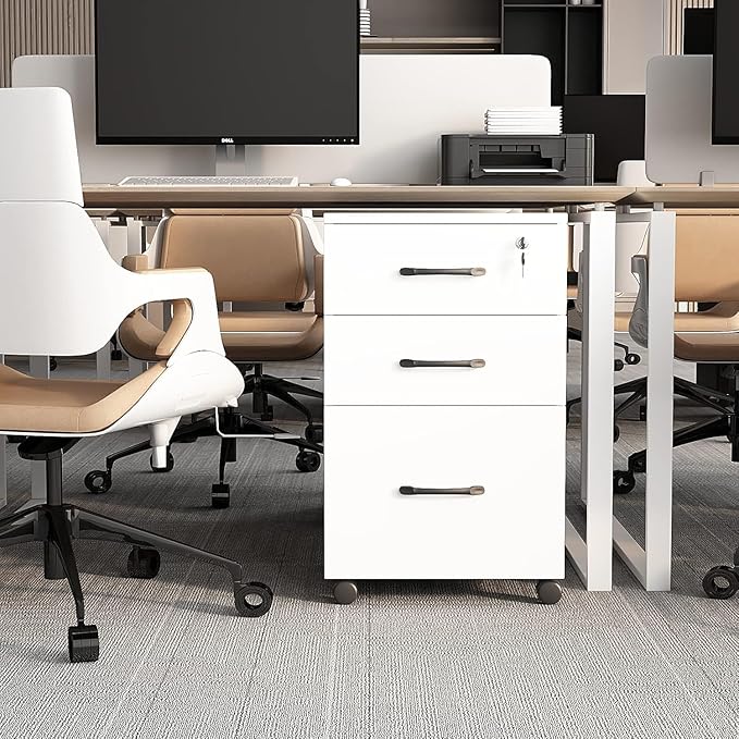 File Cabinet 3 Drawers with 1 Lock Wooden Rolling Mobile Filing Cabinet with Wheels for Home Office Under Desk File Cabinet Office Storage Cabinet, White