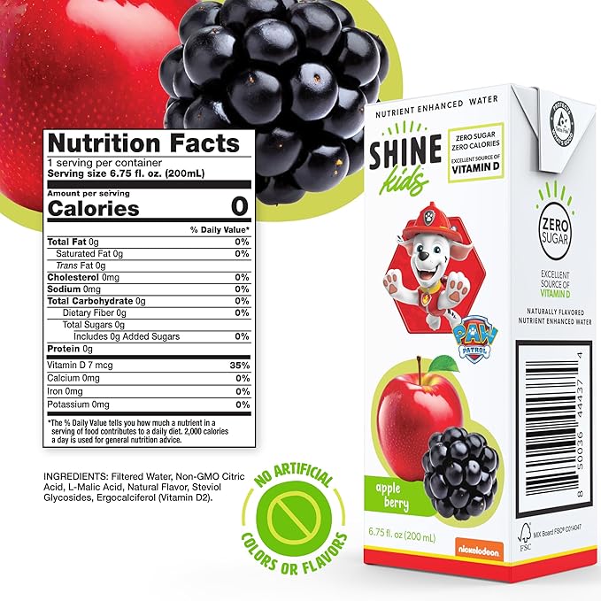 ShineWater Kids x Paw Patrol Vitamin D Apple Berry Juice Boxes | No Added Sugar | Naturally Flavored Drink for Kids | Vegan Gluten Free Hydration | 32 Pack