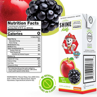 ShineWater Kids x Paw Patrol Vitamin D Apple Berry Juice Boxes | No Added Sugar | Naturally Flavored Drink for Kids | Vegan Gluten Free Hydration | 32 Pack