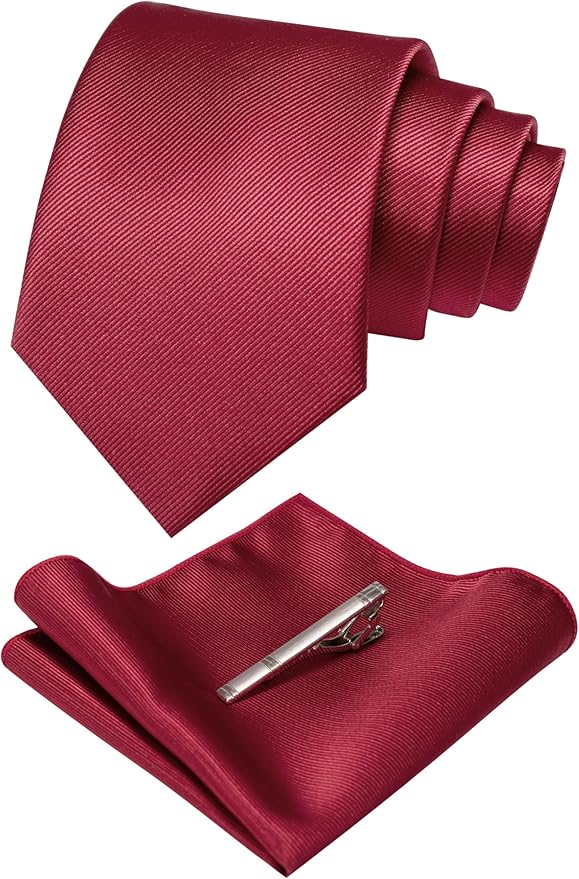 JEMYGINS Solid Color Formal Necktie and Pocket Square Tie Clip Sets for Men