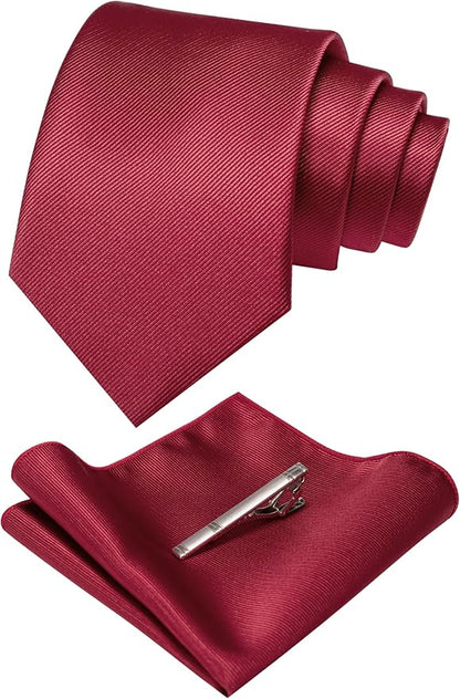 JEMYGINS Solid Color Formal Necktie and Pocket Square Tie Clip Sets for Men