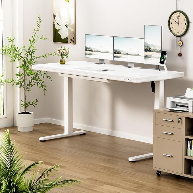 Homall Whole Piece Standing Desk with Drawer, Desktop Digital Display and USB Charge Port, Extra Thickening Height Adjustable Electric Sit Stand Desk for Home Office Computer Desk (White, 55 Inch)
