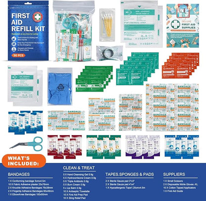 90 Pieces First Aid Refill Kit - Wound Care Kit Includes Bandages for Home, Travel, Hiking - Portable Replacement Kit for First Aid Medical Supplies（1 Set）