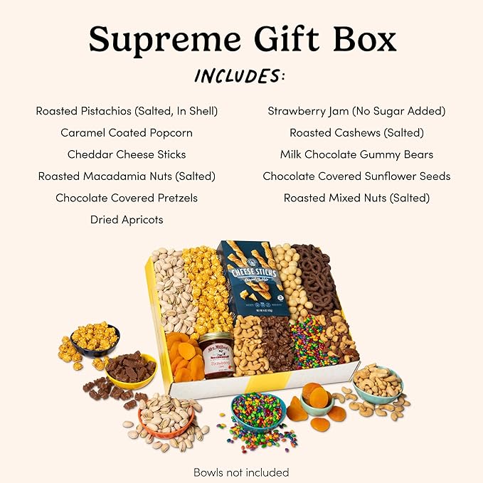 Nuts.com Supreme Gift Box – Large Gourmet Snack Mix Assortment for Fall, Thanksgiving and Holiday Gifts – 6Lb Care Package Includes a Variety of Nuts, Chocolate Covered Pretzels, Popcorn & Candy