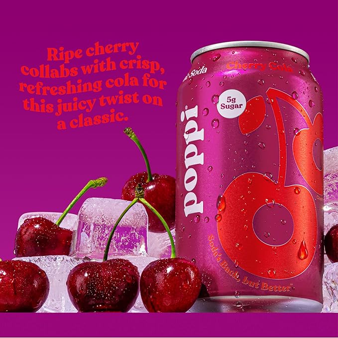 POPPI Sparkling Prebiotic Soda, Beverages w/Apple Cider Vinegar, Seltzer Water & Fruit Juice, Cherry Cola, 12 oz (12 Pack)