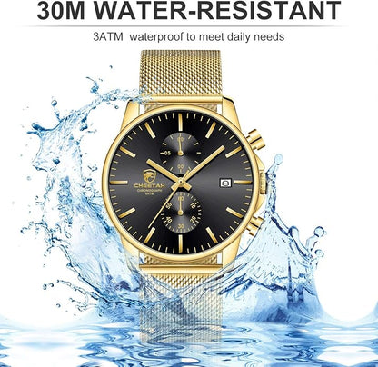 GOLDEN HOUR Mens Watch Fashion Sleek Minimalist Quartz Analog Mesh Stainless Steel Waterproof Chronograph Watches for Men with Auto Date