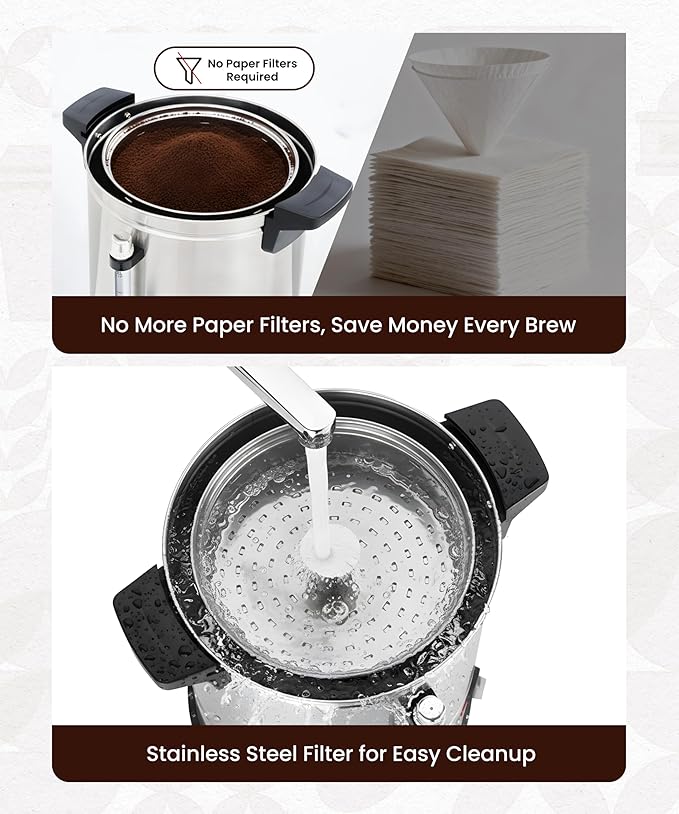 Commercial Coffee Maker 110-Cup Large Percolator Coffee Pot Electric Dispenser, Double Wall Stainless Steel Hot Water Urn for Quick Brew with No-Drip, 16L Cup Scale for Catering Events