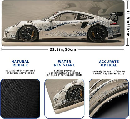 White Ukiyo-e Style Sports Car Mouse Pad Abstract White Mouse Pad 31.5x11.8 Inch Texture Non-Slip Rubber Base Large Mousepad Stitched Edges Keyboard Mouse Mat Desk Pad for Office and Home