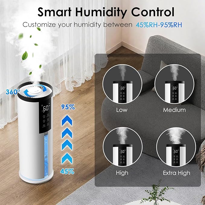 Humidifiers for Large Room - GloryAir 2.11Gal (8L) Quiet Top Fill Cool Mist Humidifier Whole Home 550 ft² 120H Runtime with Humidistat, Auto Mode Diffuser 7-Color Light for Bedroom House Plants Baby