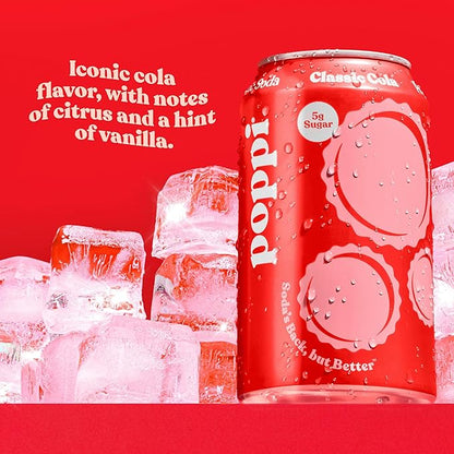 Poppi Sparkling Prebiotic Soda Beverage with Apple Cider Vinegar, Seltzer Water and Fruit Juice, Classic Cola Flavor, 12 oz, Pack of 12, Packaging May Vary