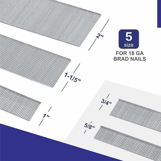 HW HAMWOO 18 Gauge Brad Nails,Galvanized 18GA Nail Gun Nails Assorted,Suitable for Most Brand of 18 GA Pneumatic and Electric Brad Nailer(2",1-1/5",1",3/4",5/8",5000Pcs)