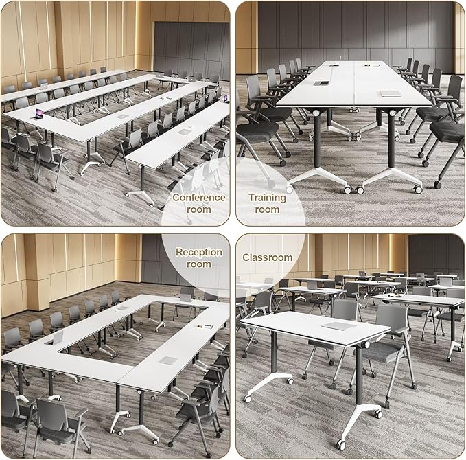 Conference Table, Folding Conference Room Table On Wheels Foldable Office Conference Table Moderen Modular Conference Training Table for Classroom Meeting (White Black 47.2IN 4PCS)