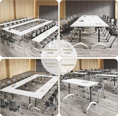 Conference Table, Folding Conference Room Table On Wheels Foldable Office Conference Table Moderen Modular Conference Training Table for Classroom Meeting (White Black 47.2IN 4PCS)