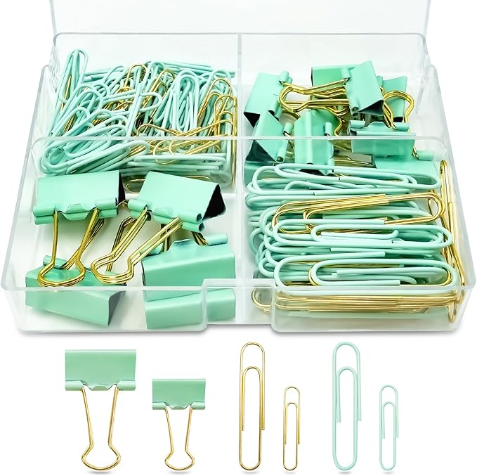 Cute Paper Clips Binder Clips Set, 165 Pcs Assorted Size Paperclips Binder Clips Large & Small Size, Cute Office Supplies Set for School Supplies and Desk Essentials, Green