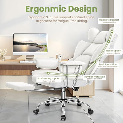 Office Desk Chair 400LBS, Big and Tall Office Chairs with Footrest, Leather Computer Gaming Chairs with Adjustable Height, Executive Office Chairs with Lumbar Support, White