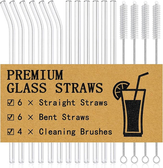 Piteno® 16-Pack Reusable Glass Straws, Clear Glass Drinking Straws, 10''x10MM, Set of 6 Straight and 6 Bent with 4 Cleaning Brushes, Perfect for Smoothies, Milkshakes, Juice, Tea