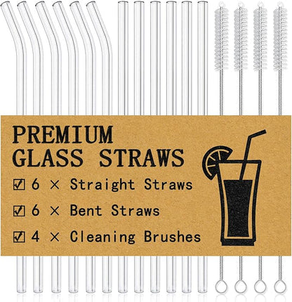 Piteno® 16-Pack Reusable Glass Straws Set, Clear Glass Drinking Straws, 8.5''x10MM, Set of 6 Straight and 6 Bent with 4 Cleaning Brushes, Perfect for Smoothies, Milkshakes, Juice, Tea