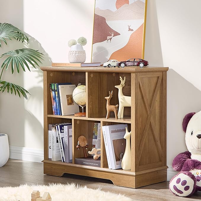 Book Shelf, 5 Cube Storage Organizer, 2-Tier Open Shelf Wooden Bookcase, Freestanding Wood Cube Storage Bookshelf for Bedroom, Living Room, Home Office (Natural Oak)