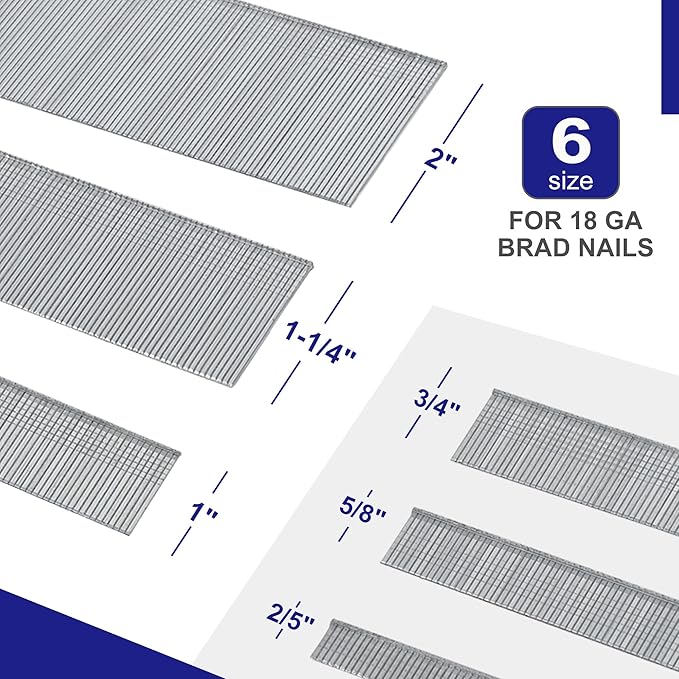 HW HAMWOO 18 Gauge Brad Nails,Galvanized 18GA Nail Gun Nails Assorted,Suitable for Most Brand of 18 GA Pneumatic and Electric Brad Nailer(2",1-1/4",1",3/4",5/8",2/5",6000Pcs)