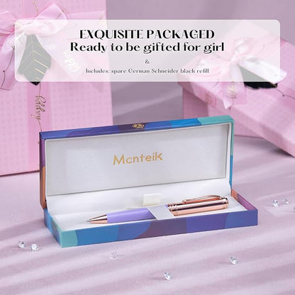 Luxury Gel Pen, Top Set With 8mm Brilliant Diamond,Stylish Purple Pen Body,Attractive Rose Real Gold Finish, Black Ink Refill,Elegant Gift Pen For Women, Unique, Fancy, Office Pens
