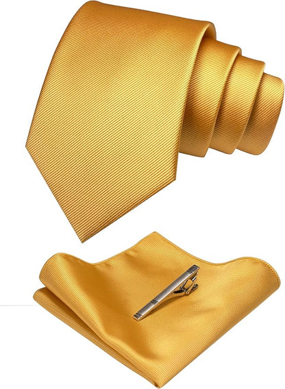 JEMYGINS Solid Color Formal Necktie and Pocket Square Tie Clip Sets for Men