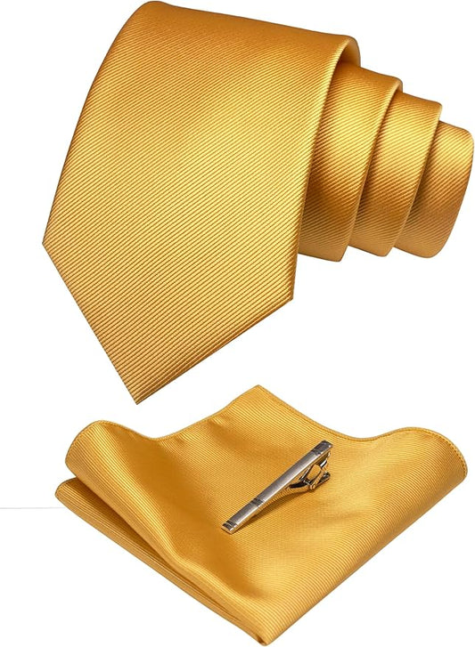 JEMYGINS Solid Color Formal Necktie and Pocket Square Tie Clip Sets for Men