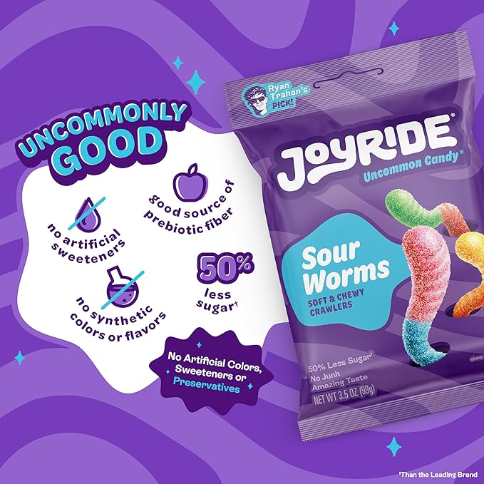 JOYRIDE Sour Worms - 3.5 oz 6-Pack Bundle with 2.5oz Glacial Peppermint Gum, Low Sugar, Low Calorie Snacks, Dye Free Candy (7 Items)