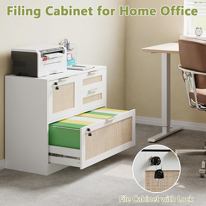 HOPUBUY Lockable 4 Drawers File Cabinet, Lateral Filing Cabinet with Printer Stand for Home Office and School, Wood Rattan File Cabinet for Hanging Files/Letter/Legal/A4/F4 Size, Oak Color (White)