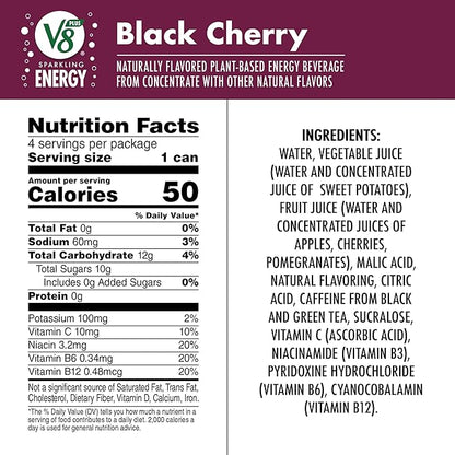 V8 +Energy Sparkling Black Cherry Juice Energy Drink, 11.5 fl oz Can (Pack of 8)