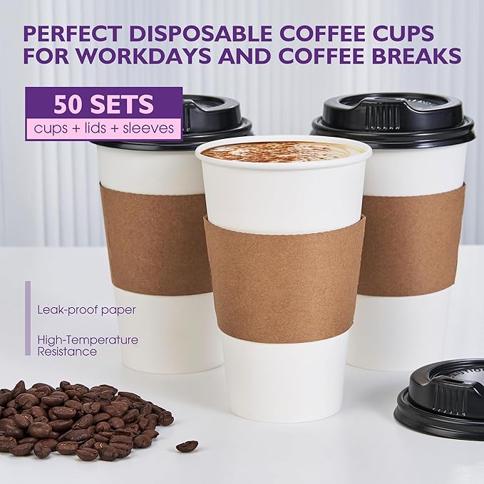 16 oz 50 Pack Disposable Coffee Cups with Lids and Sleeves, To Go Coffee Cups with Lids, Hot/Cold Beverage Drinking Cup for Coffee, Tea