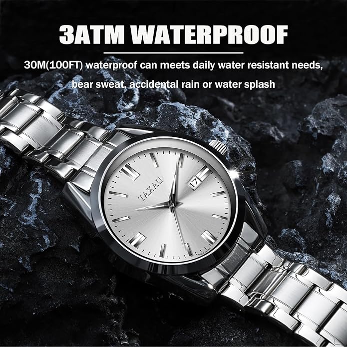 Mens Silver Watch Luxury Minimalist Dress Watch Classic Waterproof Watches for Men Analog Quartz Stainless Steel Men's Wrist Watches with Date Luminous Relojes para Hombres