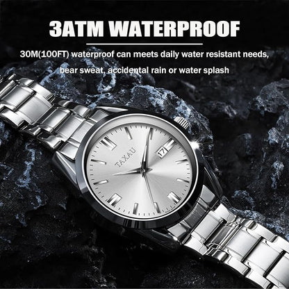 Mens Silver Watch Luxury Minimalist Dress Watch Classic Waterproof Watches for Men Analog Quartz Stainless Steel Men's Wrist Watches with Date Luminous Relojes para Hombres