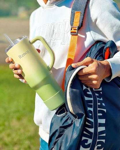 Renoj Tumbler with Handle 100% Spill Resistant Insulated Water Bottle for Iced Coffee & Hot Drinks - Fits Car Cup Holder, Ideal Gift, 2 Straws & Silicone Boot BPA-Free - FlexSlide Green Gradient 40 oz