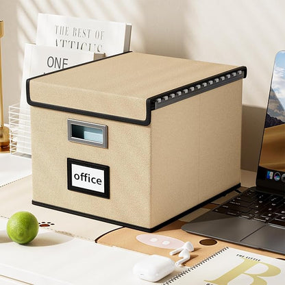 Huolewa File Organizer Box with Lid, Collapsible File Folder Organizer for Office Document Storage, Filing Box with Plastic Slide for Letter/Legal Size Hanging Files, Brown, 2 Pack