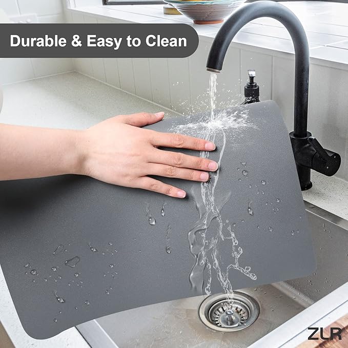ZLR Coffee Mat - 12" x 20" Middle Kitchen Hide Stain Absorbent Dish Drying Mat for Countertop - Easy to Clean Coffee Bar Mat for Espresso Machine and Spill Protection - Dark Gray