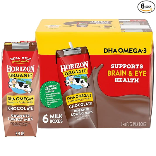Horizon Organic Shelf Stable 1% Lowfat DHA Omega-3 Chocolate Milk Boxes, 8 fl oz, 6 Count - 8g Protein per Serving, USDA Organic UHT from Pasture-Raised Cows, Ready to Drink for Lunchbox, Travel, or On-the-Go, No Refrigeration Needed