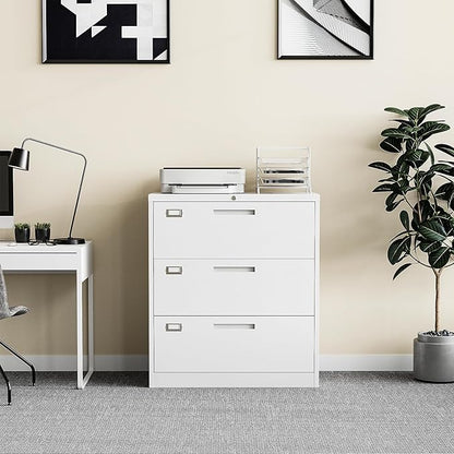 Lateral Filing Cabinet,3 Drawer File Cabinet with Lock,Office Lateral File Cabinets for Legal/Letter A4 Size,Require Assembly, White